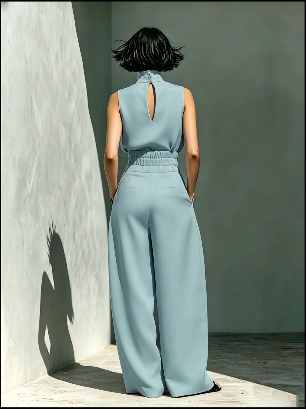 High-Waist Wide-Leg Jumpsuit in Soft Blue - Picture 2 of 7
